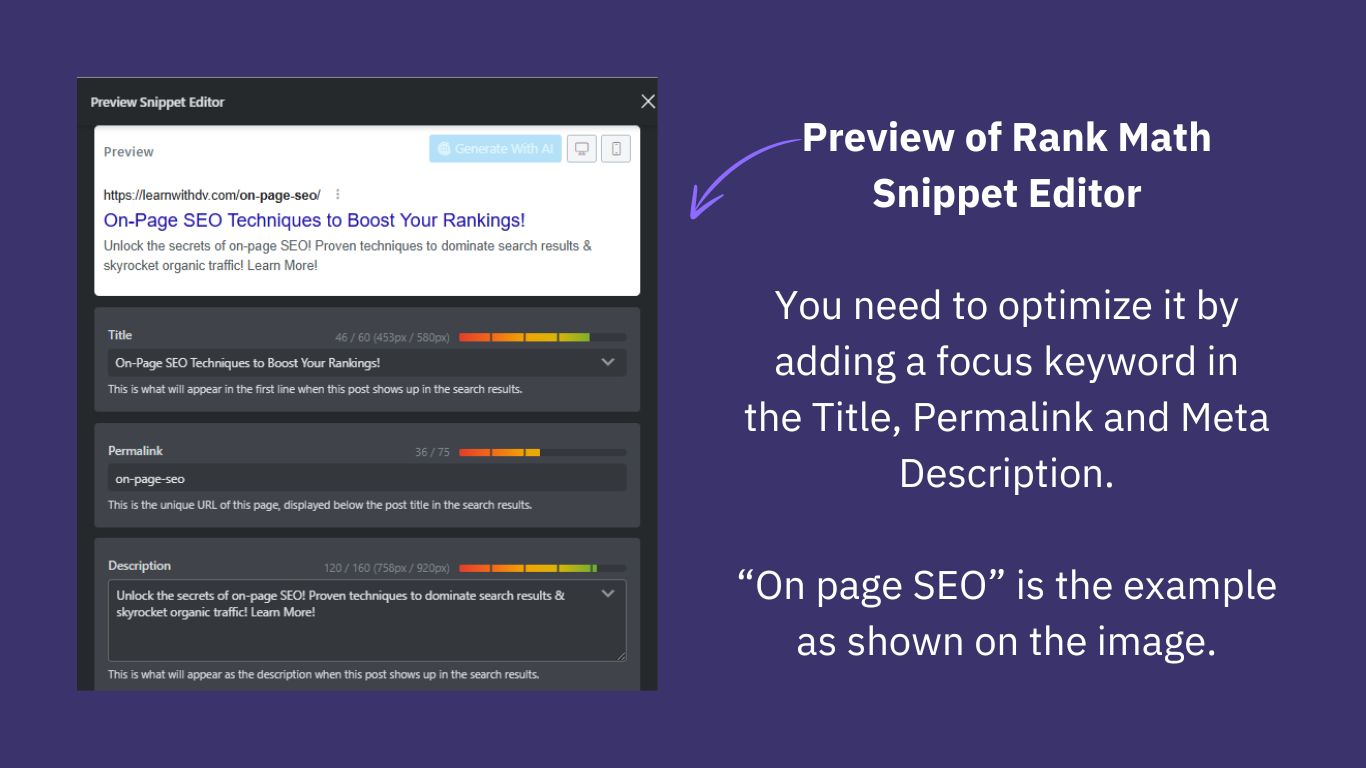 Preview of Rank Math SERP Snippet Editor for on page seo